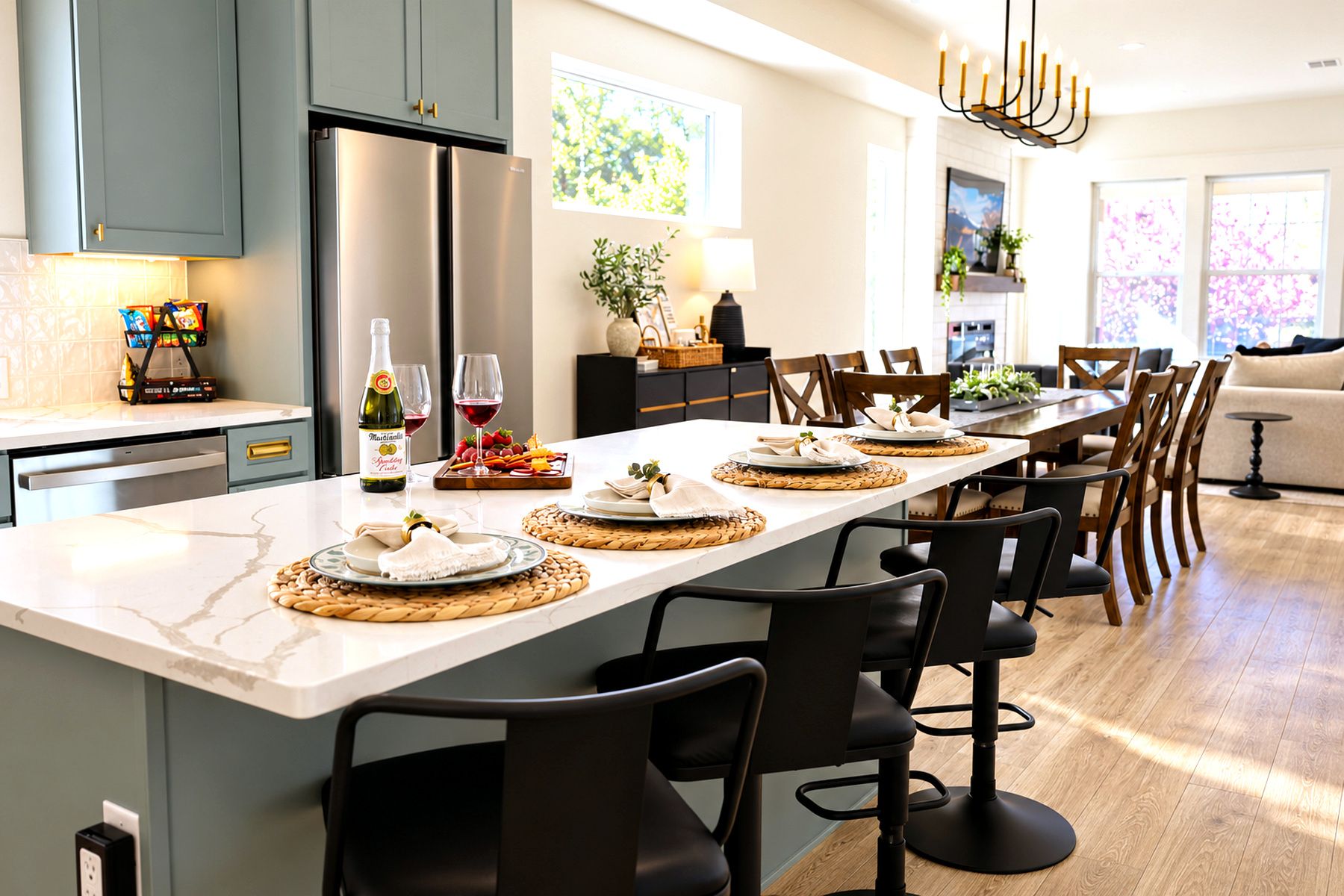 A modern kitchen with a central island, dining chairs, and a long table set for a meal.