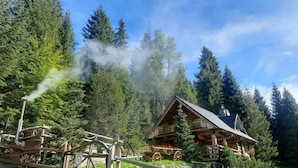 Eine rustikale Holzhütte mit Schornstein, aus dem Rauch aufsteigt, umgeben von üppigem Grün und hohen Bäumen.