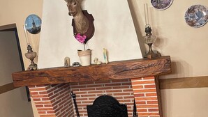 A fireplace with a deer head decoration, a mirror, and a potted plant. - Château region/Sancerre Loire Valley large family house! Spacious w/courtyard! (Pierrefiette sur Sauldre)
