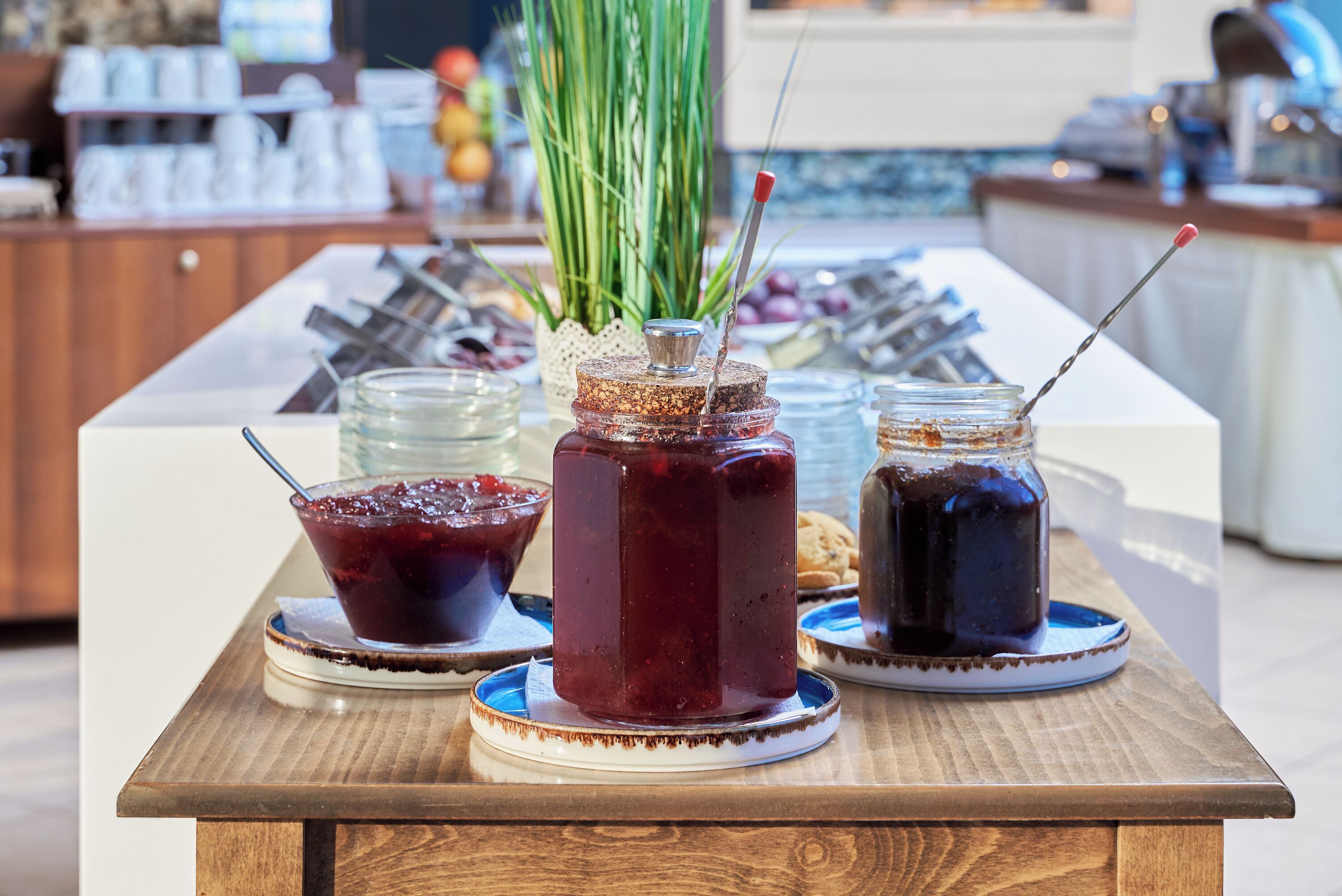 A wooden table with three jars of jam and a small plant in the background.