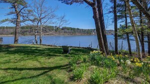 A lakeside view with a grassy area, a wooden chair, and daffodils. - Edgecomb Maine.  Close to Boothbay & Wiscasset.  Very private and relaxing. (Edgecomb)