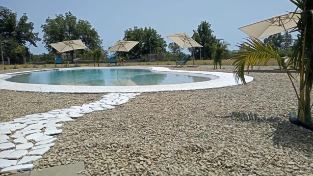A swimming pool with a pebble border, surrounded by umbrellas and trees. - MINISSALE FARMHOUSE (Calatabiano)