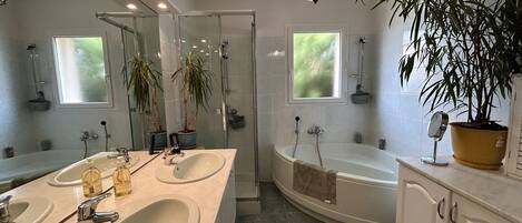 Shower, hair dryer, towels, soap