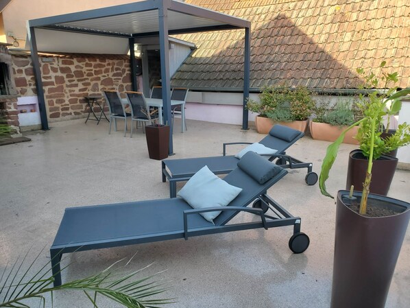 A covered outdoor seating area with lounge chairs, a table, and potted plants. - Le Dorli Schopf Gîte (Dorlisheim)