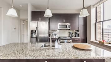 Deluxe Apartment | Private kitchen | Full-sized fridge, microwave, oven, stovetop