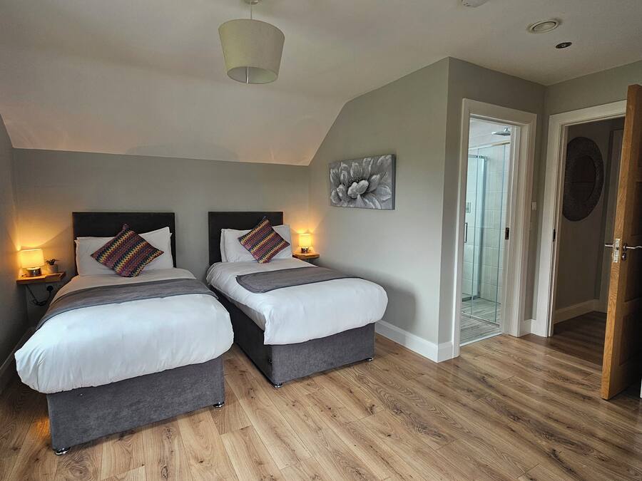 A bedroom with two beds, a ceiling light, a wall-mounted artwork, and a bathroom visible through an open door.