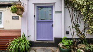 A building with a purple door, a sign reading "Mulberry Tree", and a stone staircase leading to the entrance. - Mulberry Tree (Bideford)