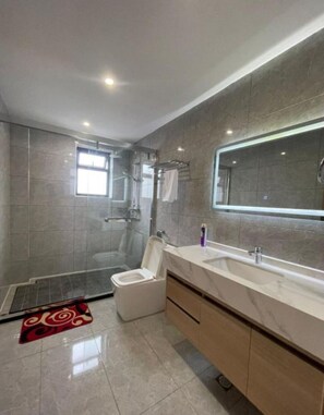 Shower, hair dryer, towels, soap