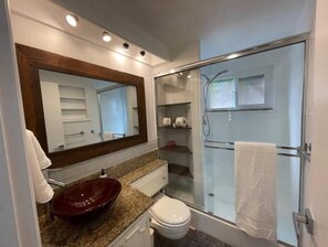 Hair dryer, towels, soap, shampoo