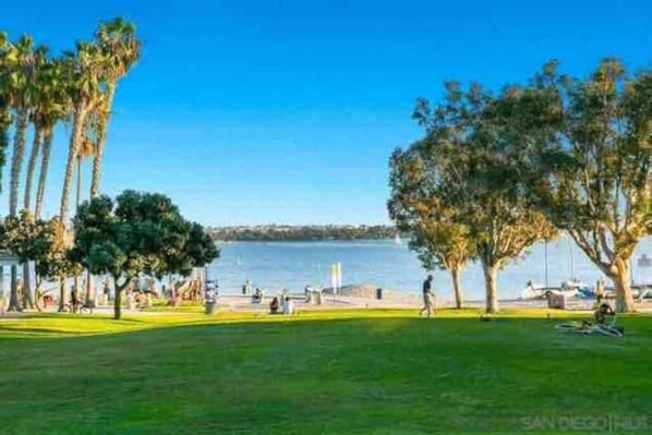 A park with a grassy area, trees, and a body of water in the background.