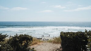 Une plage avec des vagues, des gens et de la végétation.