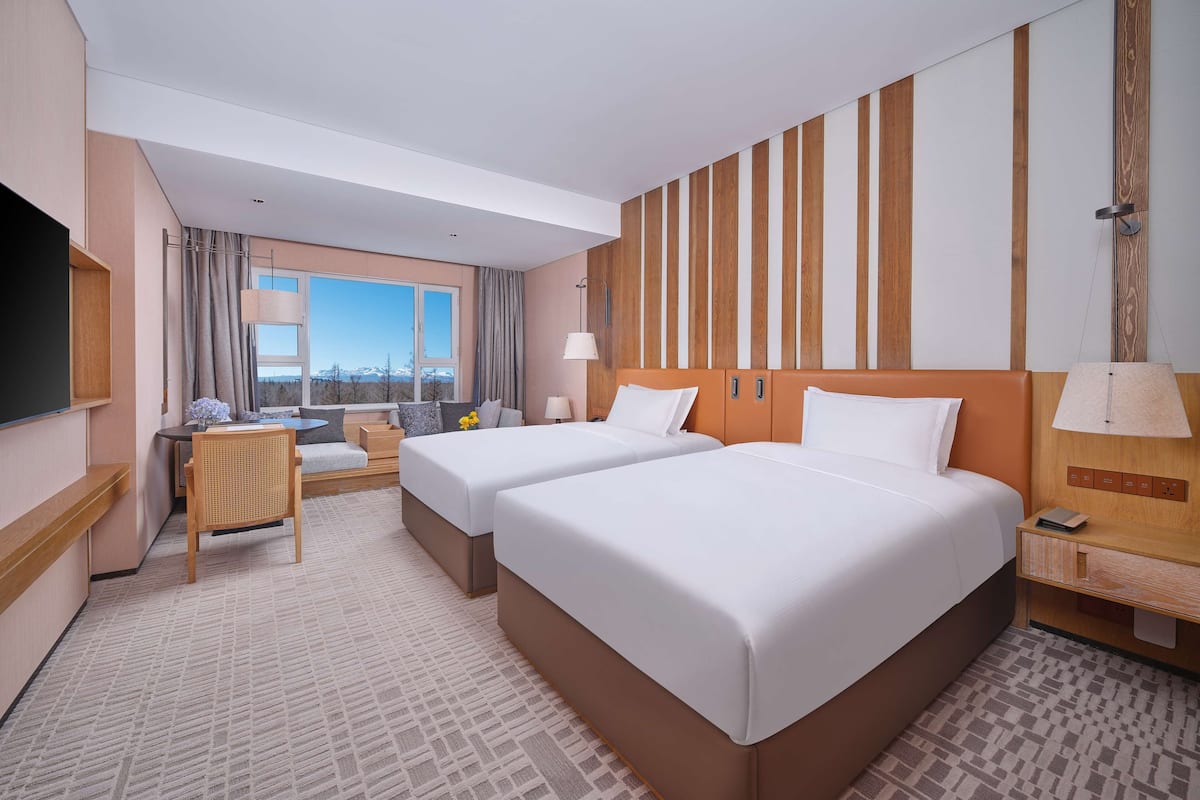 A hotel room with two beds, a desk, a chair, a TV, and a window with a view.