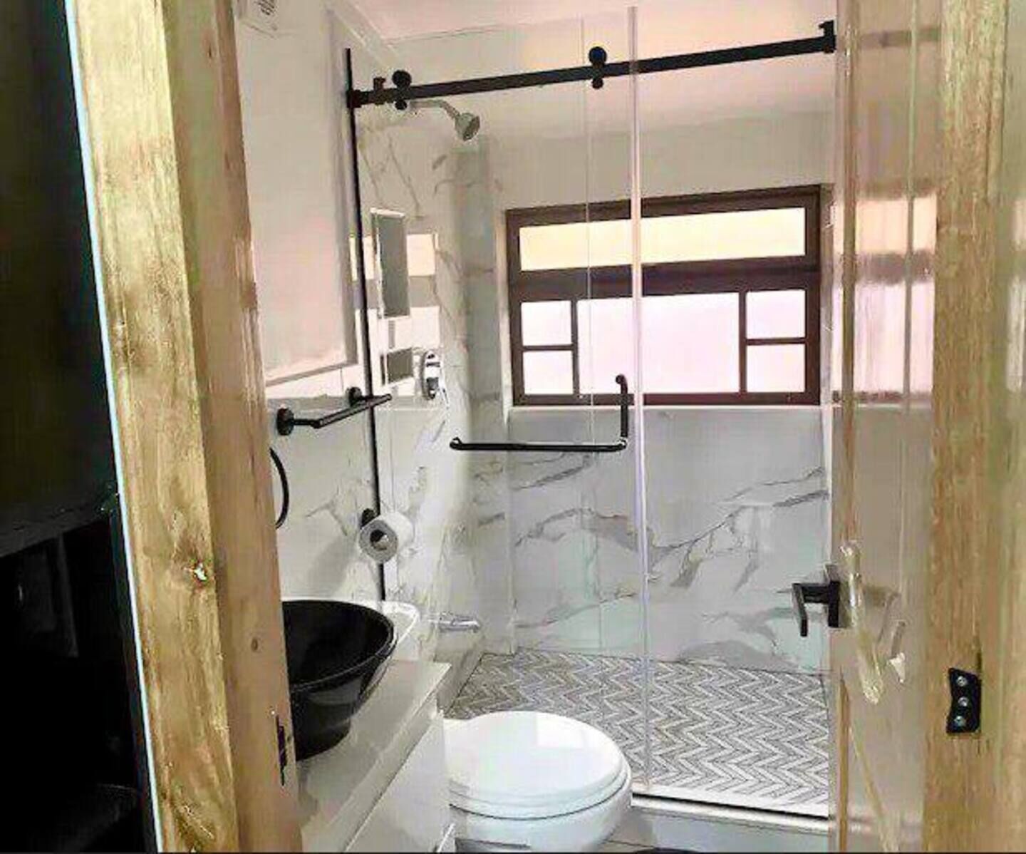 Hair dryer, towels, soap, toilet paper