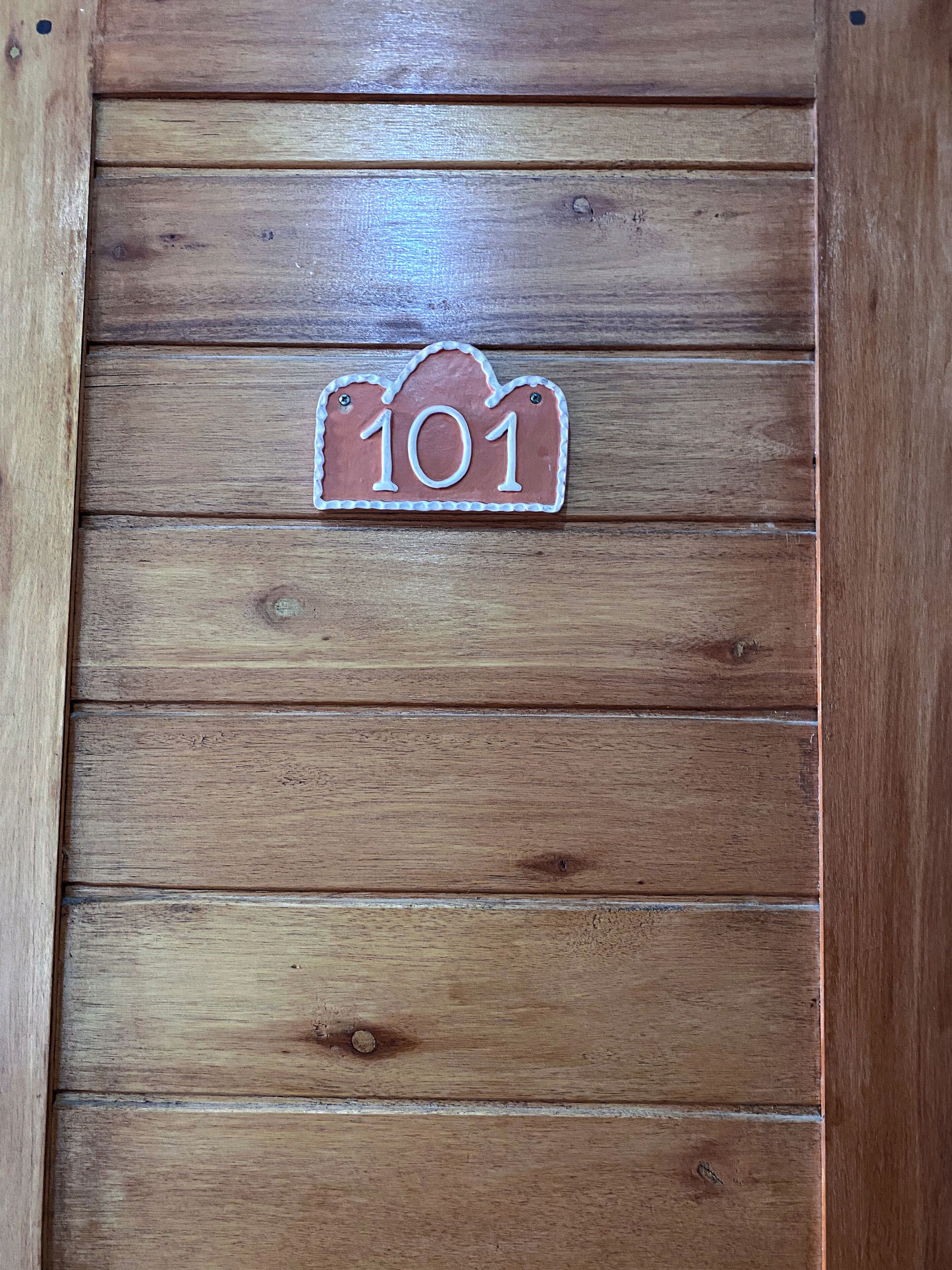 Eine Holztür mit der Nummer 101.