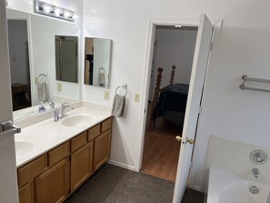 Hair dryer, towels, soap, shampoo