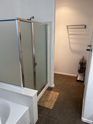 Hair dryer, towels, soap, shampoo