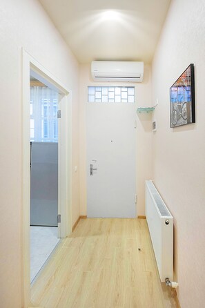 A narrow hallway with a white door, an air conditioning unit above, a radiator on the right, and a glass shelf with a bicycle artwork. - H&B apartments Zubalashvili (Tbilisi)