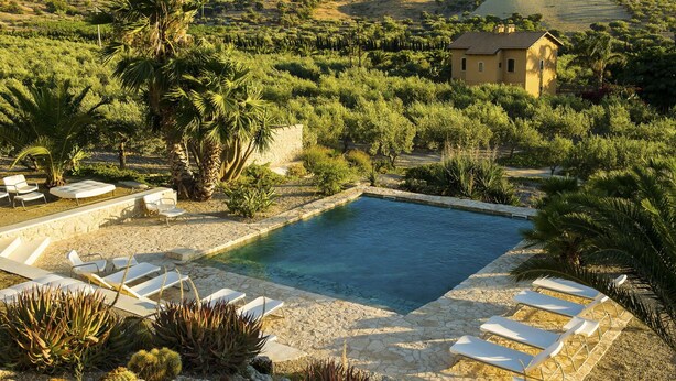 A pool area with white lounge chairs and a small pool, surrounded by cacti and palm trees. - Villa in Gaffe with 19 bedrooms sleeps 36 (Gaffe)
