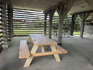 Ein Picknicktisch mit Bänken unter einer Holzpergola mit Blick auf eine Rasenfläche.