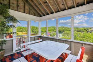 A covered patio with a table and chairs, large windows offering a view of greenery and buildings.