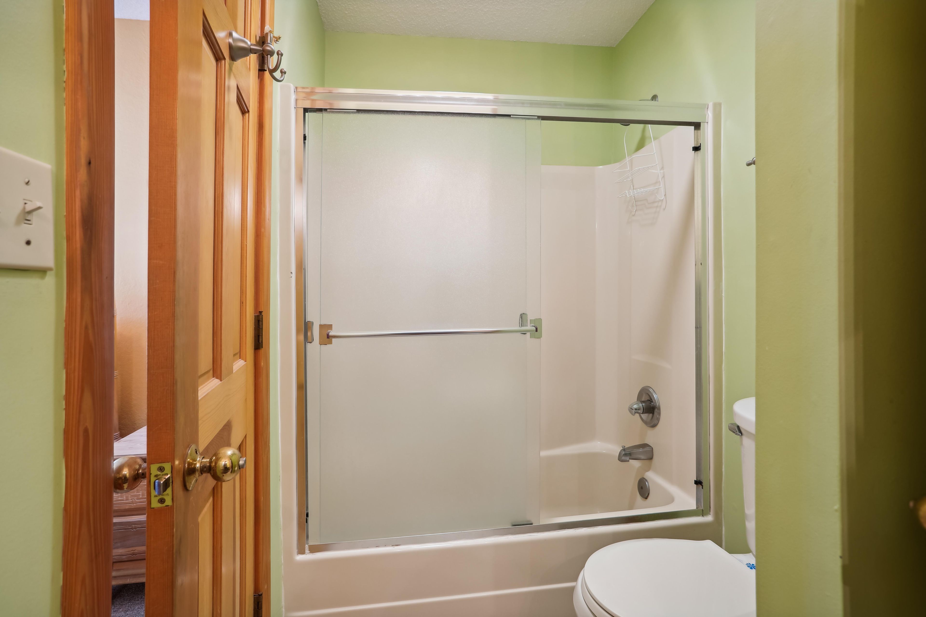 A bathroom with a shower enclosure, a toilet, and a wooden door.