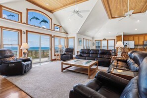 TV, fireplace - Ocean Paradise -- Spacious 7BR Oceanfront with Pool, Hot Tub and More! (Corolla)