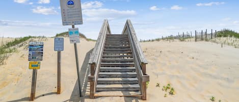 A wooden staircase leading to a beach with informational signs.