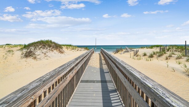 A wooden boardwalk leading to a beach with dunes and a clear sky.