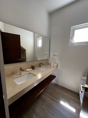 Hair dryer, towels, soap, shampoo