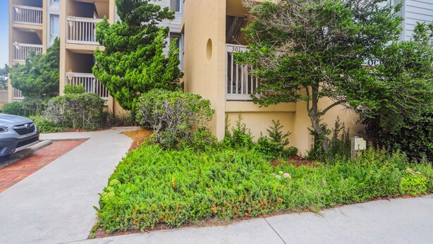 Un edificio residencial con varios balcones, un camino pavimentado y abundante vegetación.