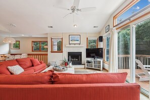 TV, fireplace, DVD player, books