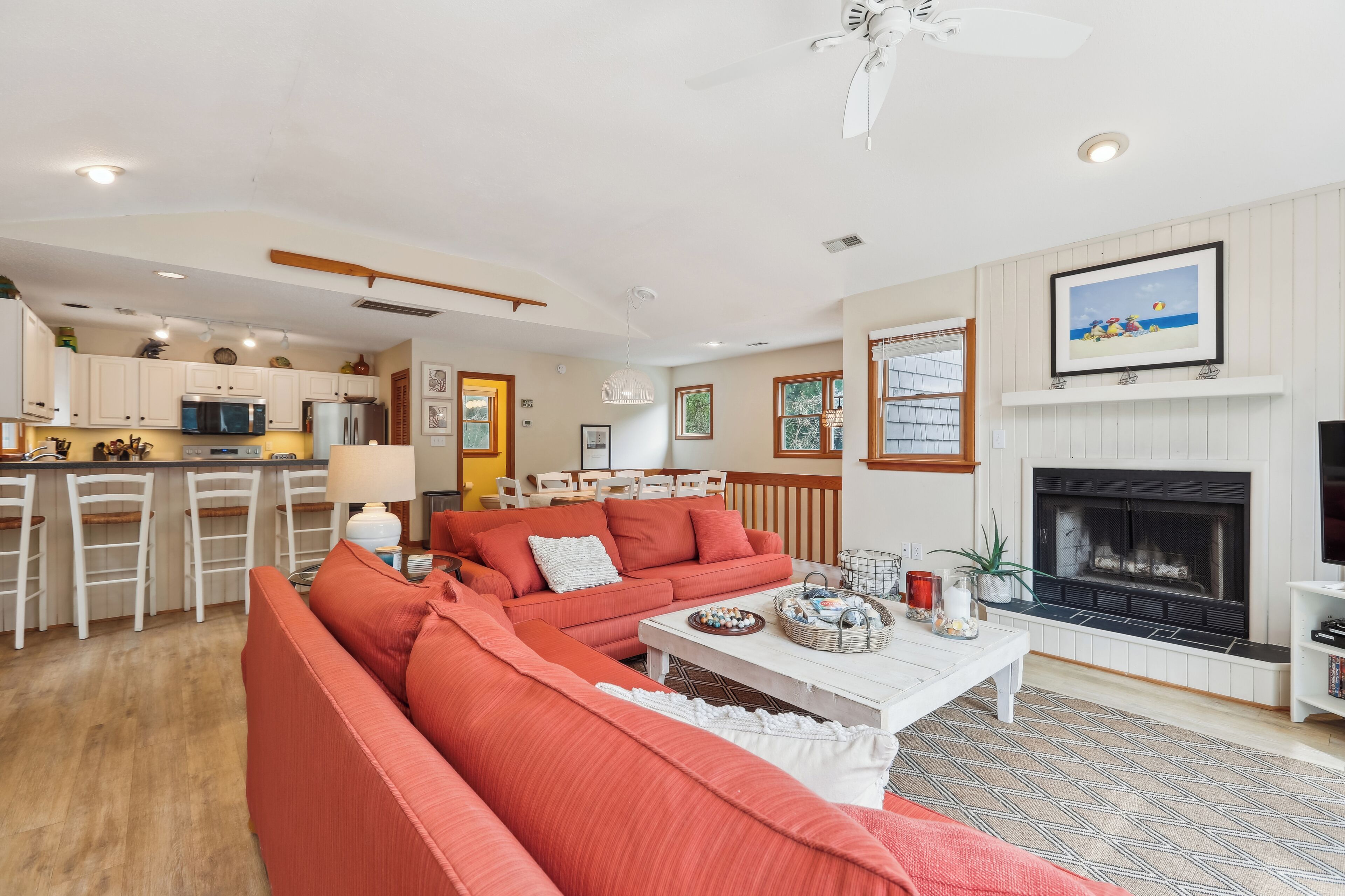 TV, fireplace, DVD player, books