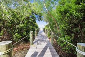 A wooden boardwalk with rope barriers, surrounded by dense greenery. - Sanctuary -- Soundfront Beauty with Private Pier and beach 300 feet away! (Duck)