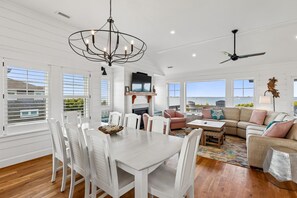 TV, fireplace - Sanctuary -- Soundfront Beauty with Private Pier and beach 300 feet away! (Duck)
