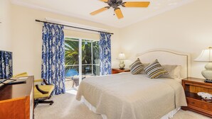 A bedroom with a bed, two bedside lamps, a desk with a chair, and a ceiling fan.
