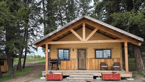 A wooden cabin with a porch, two windows, a door, and a barbecue grill.