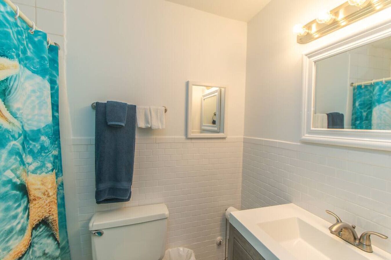 A bathroom with a white toilet, a sink with a mirror above it, and a shower curtain with a blue and white design.