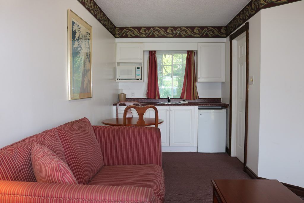 Ein gemütlicher Wohnraum mit Sofa, einem kleinen Esstisch, einer Küchenzeile mit weißen Schränken, einer Mikrowelle und einem Fenster mit Vorhängen.