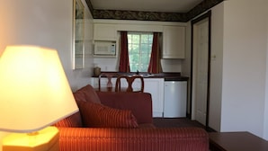 Un espacio habitable compacto con sofá, lámpara, kitchenette y una puerta.