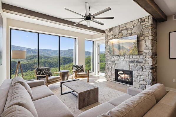 Smart TV, chimenea, oficina