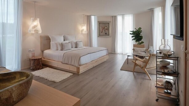 A modern bedroom with a large bed, bedside tables, a desk, and a plant. - Retiro Costiña Wellness&Villas (Santa Comba)