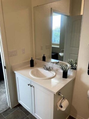 Hair dryer, towels, soap, toilet paper