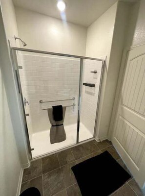 Hair dryer, towels, soap, toilet paper