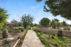 Un viale in pietra che si snoda attraverso un giardino con diverse piante e alberi.