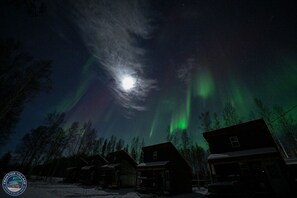A snowy landscape with houses and a visible moon.