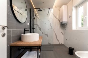Shower, hair dryer, bidet, towels