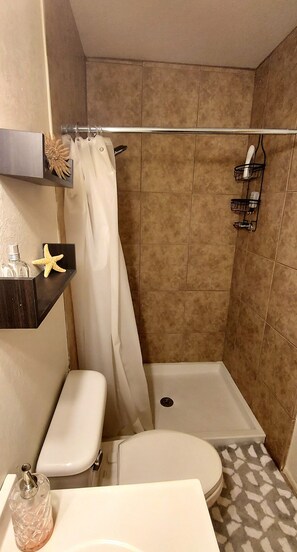 Shower, bidet, towels, shampoo