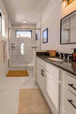 Shower, hair dryer, towels