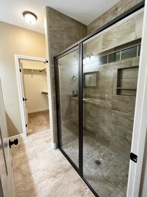 Shower, towels, soap, shampoo
