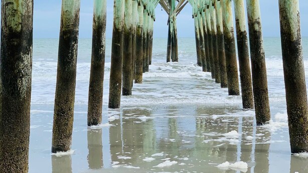 A pier with a series of wooden pillars supporting a roof, extending into the water. - ⛱ DIRECT OCEANFRONT⛱ PENTHOUSE VIEW! ALL NEW LARGE BALCONY! ALL NEW RENOVATION! (Myrtle Beach)